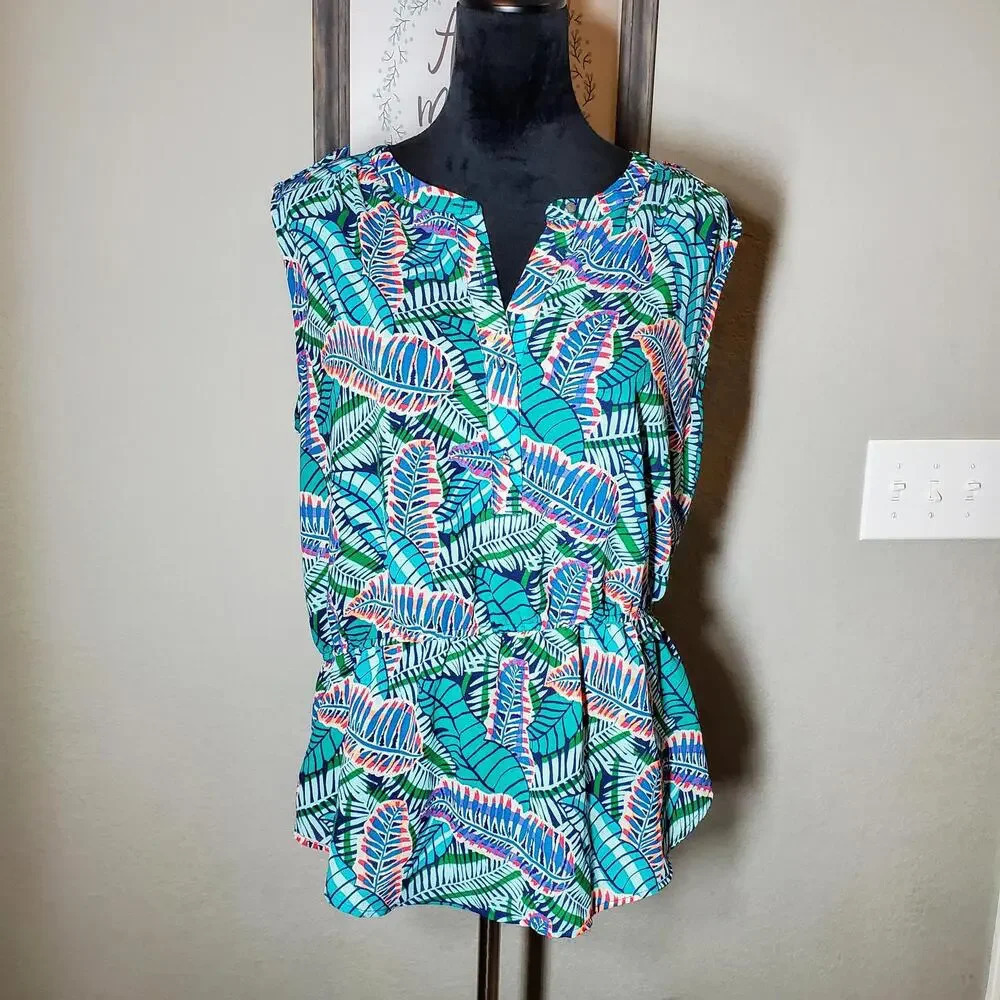 Liz Claiborne NWOT Sleeveless Peplum Palm Print Colorful Blouse Size Large
